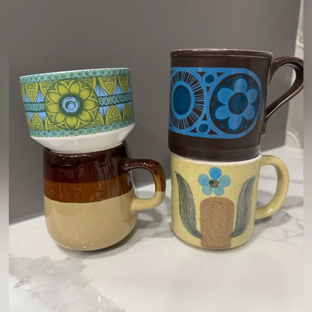 Vintage 1970s Stoneware Mug Lot Retro Mix Set of 4 - Picture 1 of 3
